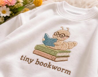 Tiny Bookworm Embroidered Baby Romper | Reading Worm Baby Bodysuit, Book Lover Newborn Coming Home Outfit