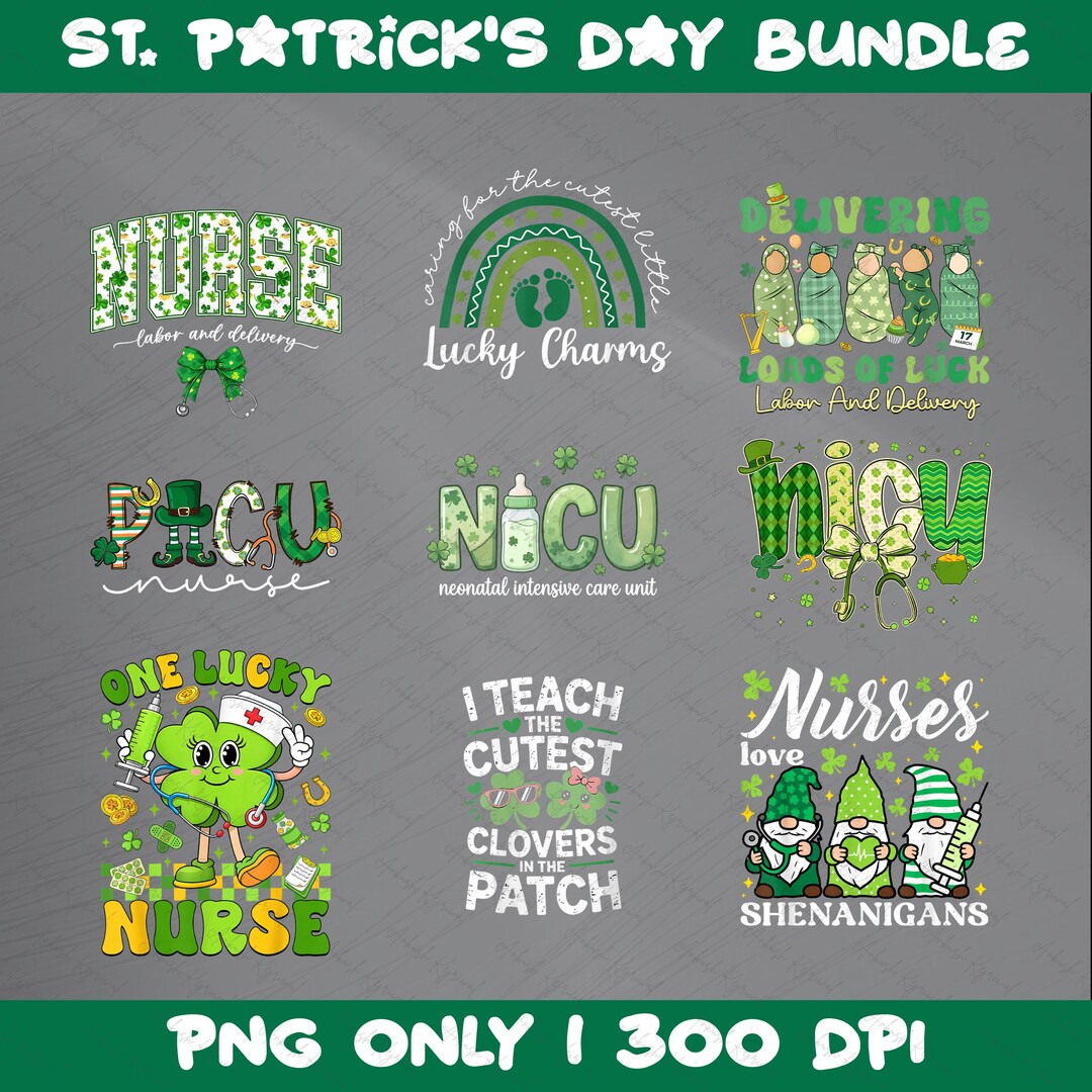 St Patrick's Day Nurse Png Bundle, One Lucky L&D NICU PICU, Shamrocks ...