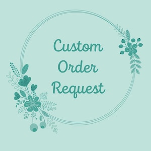 May include: A light teal background with a circular frame and floral accents. The words "Custom Order Request" are written in teal script within the frame. The design includes teal flowers and leaves, creating a decorative and inviting aesthetic.