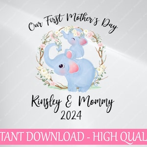 Personalizado primer primer día de la madre bebé onesies png, regalo para nueva mamá, mamá y bebé elefante animal png, día de la madre, descarga digital