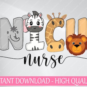 Nicu Enfermera Lindo Safari Bebé Animales Enfermería Apreciación Svg, PICU Squad Crew Equipo Animales Svg, Descarga digital
