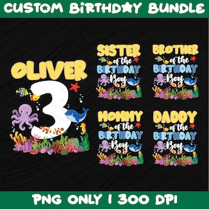 May include: A custom birthday bundle design with the name "Oliver" and the number "3" in a playful font. The design includes underwater creatures and text for "Sister", "Brother", "Mommy", and "Daddy".