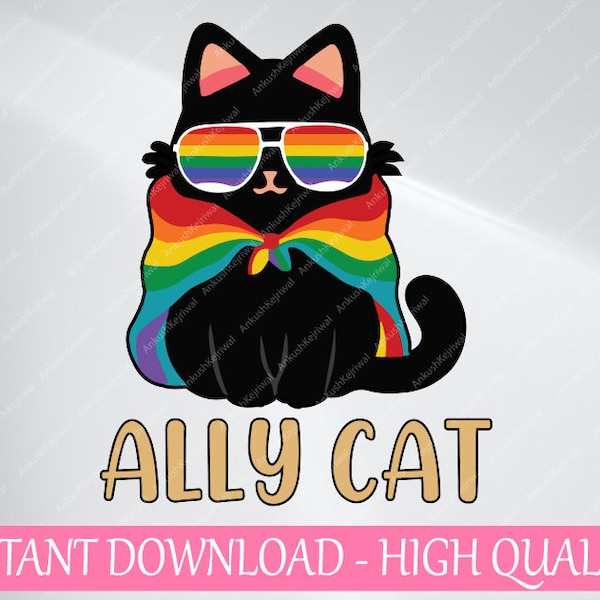 LGBT Ally Cat Be Kind Gay Rainbow, Ally Cat LGBT Gay Rainbow Pride Flag Png,  Ally Cat LGBT Glasses, Digital Download