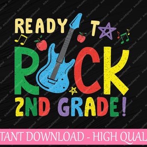Listo para rockear 2do grado svg, guitarra divertida rock retro svg, regreso a la escuela png, descarga digital