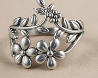 Twisted Leaf Vine Sterling Silver Ring - Boho Dot Oxidized Silver Ring In Sizes 4-12, .925 Solid Silver