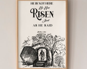 He is Risen Matthew 28:6 Bible Verse Wall Art - Scripture Wall Art, Christian Posters, Christian Unframed Wall Decor, Gift for Easter.