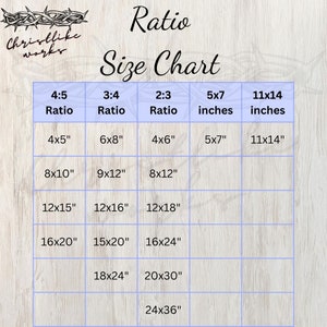 May include: A chart showing different size options for prints based on their aspect ratio. The ratios are 4:5, 3:4, and 2:3. The chart includes measurements in inches, such as 4x5, 6x8, 8x10, 12x15, 16x20, 18x24, 20x30, and 24x36.