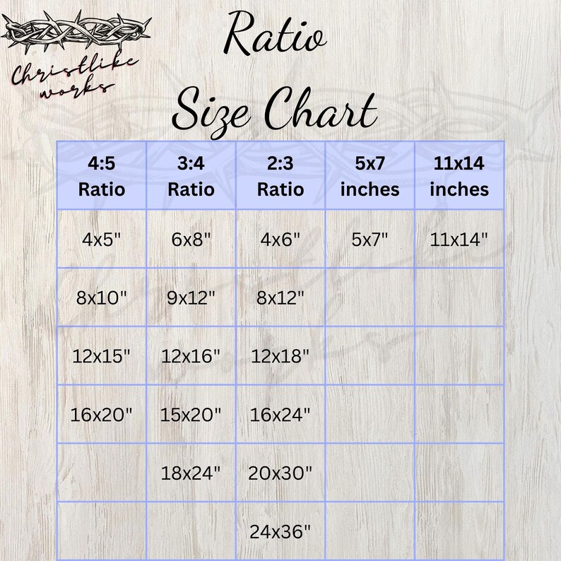 May include: A chart showing different size options for prints based on their aspect ratio. The ratios are 4:5, 3:4, and 2:3. The chart includes measurements in inches, such as 4x5, 6x8, 8x10, 12x15, 16x20, 18x24, 20x30, and 24x36.