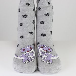 Personalized Dinosaur Socks Custom Embroidered T-Rex Footprint Socks Funny Prehistoric Dino Crew Sock Gray Paw Socks Gift for Her Sister Mom