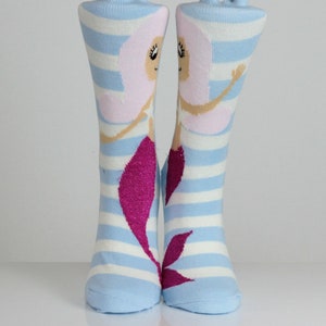 Mermaid Socks Blue White Striped Pink Mermaid Embroidered Socks Personalized Socks Fun Nautical Socks for All Ages Unique Socks Sea Creature