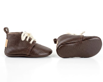 Dark Brown Leather Baby Booties Moccasins Shoes Flexible Soft Sole Infant Kids Boy Girl Infant Newborn First Walkers Shoes Lace Up Handmade