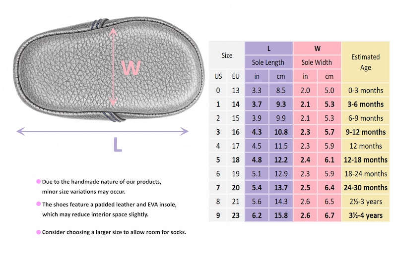 Hippirhino leather baby shoe size chart