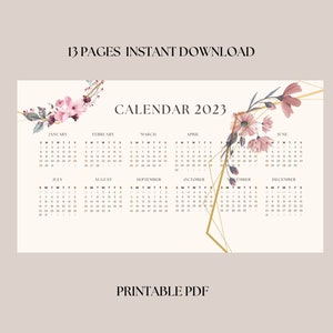 2023 Year Calendar Printable PDF, Yearly Wall Calendar, Desk Calendar, Sunday Start, Minimalist Calendar, A4, horizontal