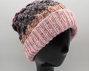 Handmade Basket Weave Beanie: Pink, Grey & Brown Winter Hat  display picture 1