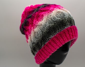 Handmade Basketweave Knit Beanie Pink Grey Merino‎ Wool Blend Winter Hat NEW Handmade Basket Weave Beanie: Pink, Grey & Brown Winter Hat  main image 3