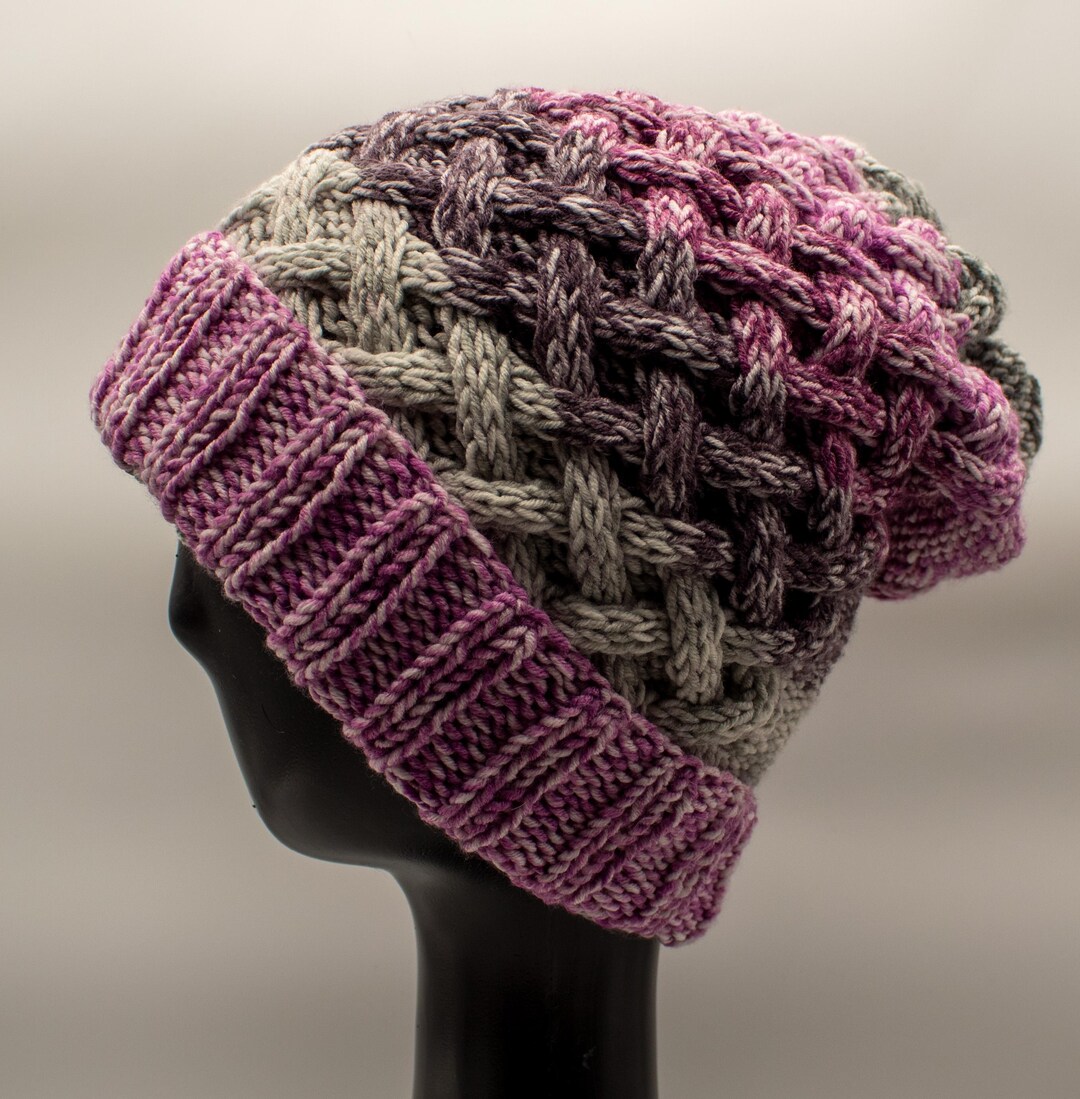 Handmade Basket Weave Beanie: Pink, Grey & Brown Winter Hat 