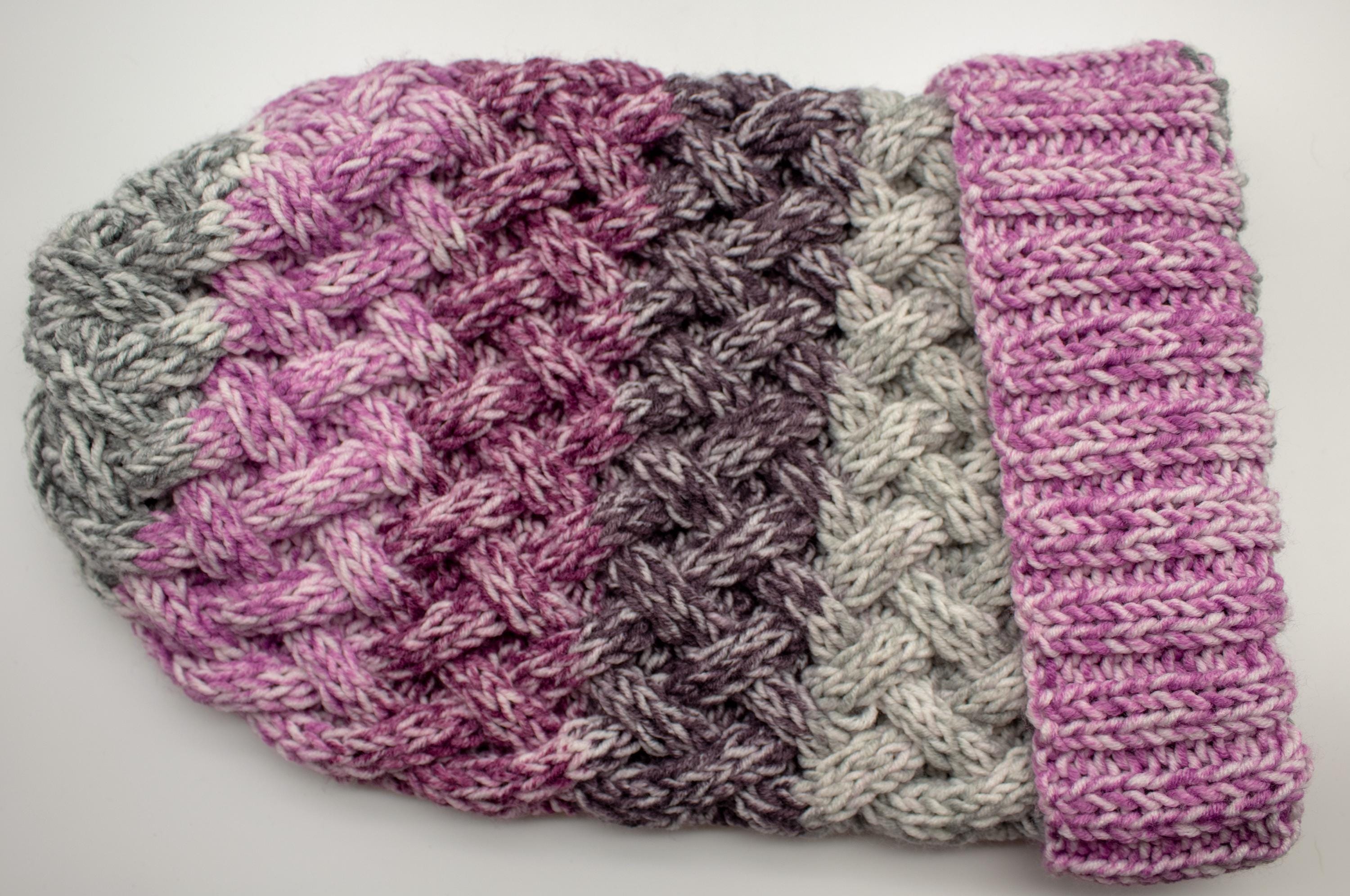 Handmade Basket Weave Beanie: Pink, Grey & Brown Winter Hat  display picture 1
