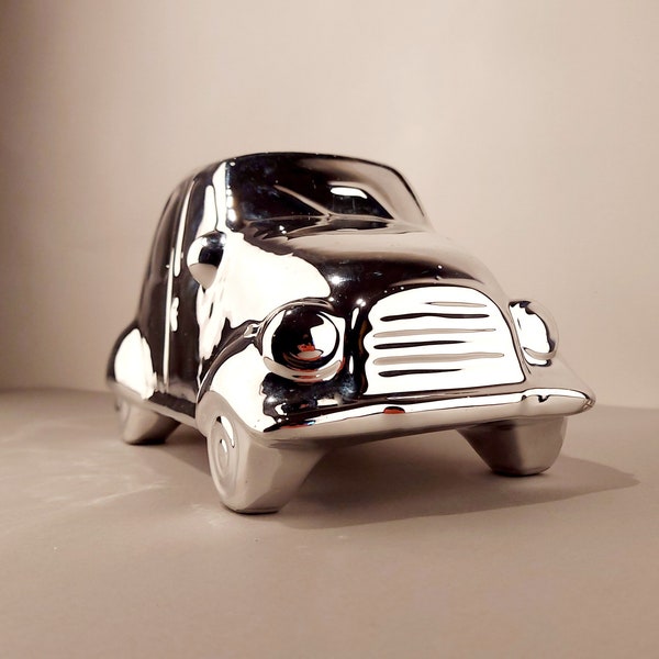 VW Beetle Silver piggy bank / ceramic mirror glazed money box / coin storage / collectors item