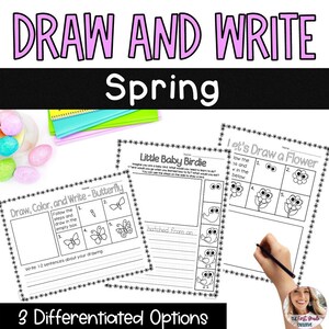May include: Three printable worksheets for kids to draw and write about spring. The worksheets feature a butterfly, a baby bird, and a flower. Each worksheet has a step-by-step guide for drawing the object.
