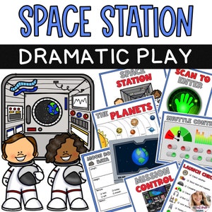 May include: A set of printable space station themed dramatic play props for kids. The props include a space station interior, planets, a moon rover data sheet, mission control, shuttle controls, and a scan to enter sign.
