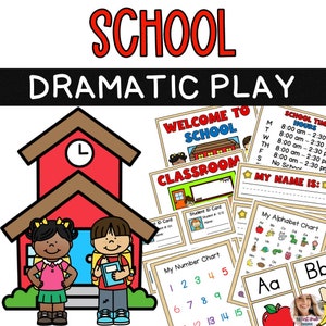 May include: A printable set of classroom themed printables for dramatic play. The set includes a welcome to school sign, a classroom sign, a student ID card, a number chart, an alphabet chart, and a school time hours sign. The printables are in black and white with colorful accents.