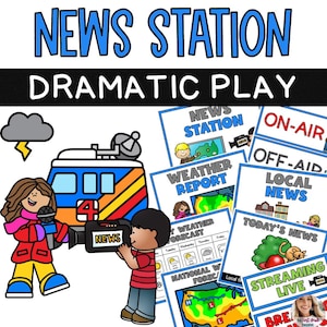 May include: A set of colorful printable signs for a pretend news station play area. The signs include "News Station", "On-Air", "Off-Air", "Weather Report", "Local News", "Today's News", "Streaming Live", and "National Weather Forecast".