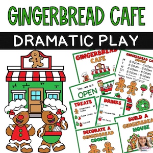 May include: A printable set of gingerbread cafe dramatic play props. The set includes a gingerbread cafe sign, open sign, treats menu, drinks menu, decorate a gingerbread cookie sign, and build a gingerbread house sign. The signs are in black and white with red and green accents.
