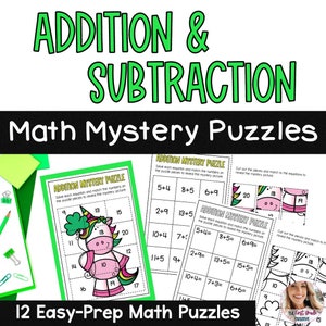 March Math Puzzles: Addition & Subtraction Mystery Pictures (Digital Download)