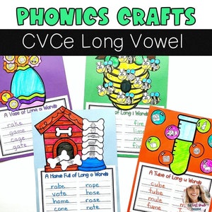 May include: Four colorful printable phonics crafts for teaching long vowel sounds. Each craft features a different theme: a vase, a beehive, a doghouse, and a test tube. Each craft includes a list of words with the long vowel sound.