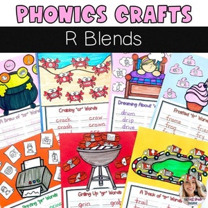 May include: A set of printable phonics crafts for teaching R blends. Each craft features a colourful illustration and a list of words with the corresponding R blend. The crafts include a brew of "or" words, a crab with "cr" words, a bed with "dr" words, a cupcake with "fr" words, a printer with "pr" words, a grill with "gr" words, and a truck with "tr" words.