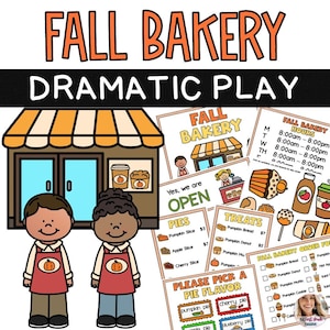 May include: A printable set of play props for a fall bakery dramatic play activity. The set includes a storefront, signs, price lists, and order forms. The signs include the words "Fall Bakery" and "Open". The price lists include items like pumpkin slice, apple slice, pumpkin bread, and pumpkin donut. The order form includes a list of bakery items with checkboxes.