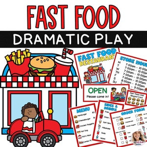 May include: A red and white fast food restaurant play set with a menu, order form, and store hours. The set includes a red car with a cartoon driver, a hamburger, fries, and a drink. The text on the signs reads "Fast Food Restaurant", "Open", "Please come in!" and "Store Hours".