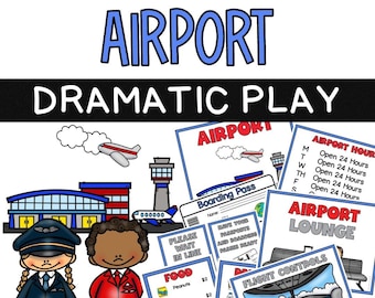 May include: A printable set of educational resources for pretend play, featuring an airport theme. The set includes signs, a boarding pass, a food menu, and a departure board. The signs include "Airport Hours", "Airport Lounge", and "Flight Controls".