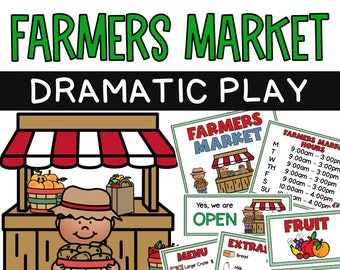 May include: A printable set of signs for a pretend farmers market play area. The signs include a menu with prices, a sign that says "Yes, we are open", a sign that says "Farmers Market" and a sign that says "Farmers Market Hours". There are also signs for "Fruit" and "Vegetables".