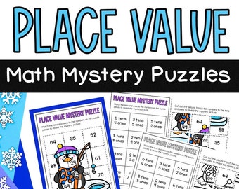 May include: A set of 12 printable math puzzles featuring a penguin ice fishing theme. Each puzzle has a grid with numbers and a corresponding set of tens and ones pieces to match. The puzzles are designed to help students learn place value.