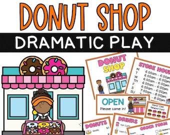 Op de afbeelding: Een printbare set rekwisieten voor een rollenspel in een donutwinkel. De set bevat een donutwinkelgevel, een open bord, een bord met openingstijden, een donutmenu, een drankenmenu en een bestelformulier. De rekwisieten zijn kleurrijk en bevatten illustraties van donuts, dranken en een glimlachende kassajongen.