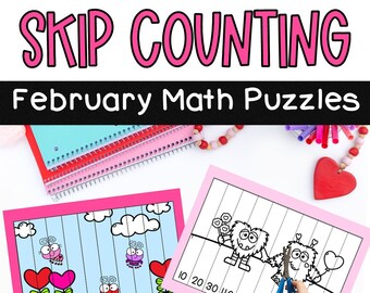 February Skip Counting Puzzles: Math Activities (Digital Download)