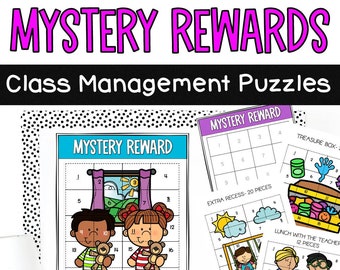 May include: Four colorful puzzle grids with the title "Mystery Reward" and different reward options: "Extra Recess - 20 Pieces", "Lunch with the Teacher - 12 Pieces", "Treasure Box", and a grid with a picture of two children in pajamas holding teddy bears.