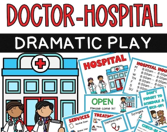 May include: A printable set of doctor and hospital themed dramatic play props. The set includes a hospital building, open sign, services list, treatment list, hospital hours, check-in form, and a don't forget to schedule a check-up sign. The props are colorful and feature cartoon illustrations.