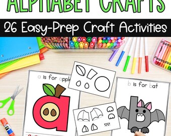May include: A set of 26 alphabet crafts for children. Each craft features a lowercase letter and a picture of an object that starts with that letter. For example, the letter 'a' is paired with an apple and the letter 'b' is paired with a bat. The crafts are easy to prepare and can be used for preschool, kindergarten, or first grade.