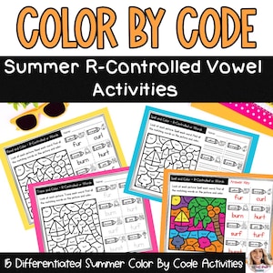 May include: Educational worksheets titled Color By Code Summer R-Controlled Vowel Activities. The pages feature black and white line art with R-controlled words like fur, burn, and hurt, plus one completed colourful example of a palm tree scene.