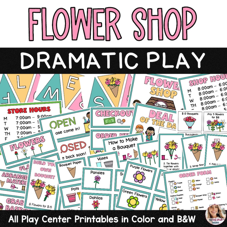Pode incluir: Um conjunto de sinais coloridos imprim&iacute;veis para um centro de jogo dram&aacute;tico de florista. Os sinais incluem "Florista", "Hor&aacute;rio de funcionamento", "Aberto", "Fechado", "Flores", "Crie o seu pr&oacute;prio buqu&ecirc;", "Caixa", "Encomendar aqui", "Como fazer um buqu&ecirc;", "Oferta do dia", "Hor&aacute;rio de funcionamento", "Buqu&ecirc;s de 12 &euro;", "5 flores &agrave; escolha por 8 &euro;", "Suculentas", "Flores roxas", "Flores verdes", "Amarelo", "Formul&aacute;rio de encomenda", "Vasos", "Jarros", "Violetas", "D&aacute;lia".