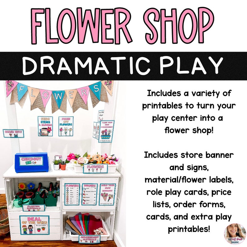 Pode incluir: Um conjunto imprim&iacute;vel para um centro de jogo dram&aacute;tico de florista. O conjunto inclui uma faixa, placas, etiquetas, cartas de jogo de interpreta&ccedil;&atilde;o de pap&eacute;is, listas de pre&ccedil;os, formul&aacute;rios de pedido e impress&otilde;es de jogo adicionais. A imagem mostra um centro de jogo configurado como uma floricultura com um caixa registradora, flores e ferramentas de jardinagem.