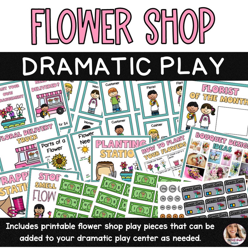 Pode incluir: Um conjunto de pe&ccedil;as de jogo de florista imprim&iacute;veis para o jogo dram&aacute;tico. O conjunto inclui sinais para uma loja de flores, um caminh&atilde;o de entrega de flores, uma esta&ccedil;&atilde;o de plantio, uma esta&ccedil;&atilde;o de design de buqu&ecirc;s e um caixa registradora. H&aacute; tamb&eacute;m dinheiro de brinquedo, cart&otilde;es de cr&eacute;dito e partes de flores.