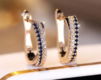 1 Pair Elegant Stud Earrings with Gold and Navy Blue Cubic Zirconia Line Design, Everyday Jewelry
