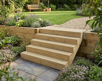 Exterior Garden Timber Steps, Pressure Treated, Outside Stairs, Paintable + Sustainable