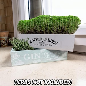 May include: Two white wooden planter boxes with blue paint. The top box has the text "Kitchen Garden Est. 1903 Unwins Seed Co." The bottom box has the text "Gin Cocktail Garden Unwins Seed Co."  The boxes are filled with green herbs.