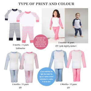 May include: Children's pajama sets in various colors and styles. The image shows sets with white tops and colored sleeves and pants. Available in pink, blue, and navy, with striped and solid options. Text on the image reads "TYPE OF PRINT AND COLOUR".