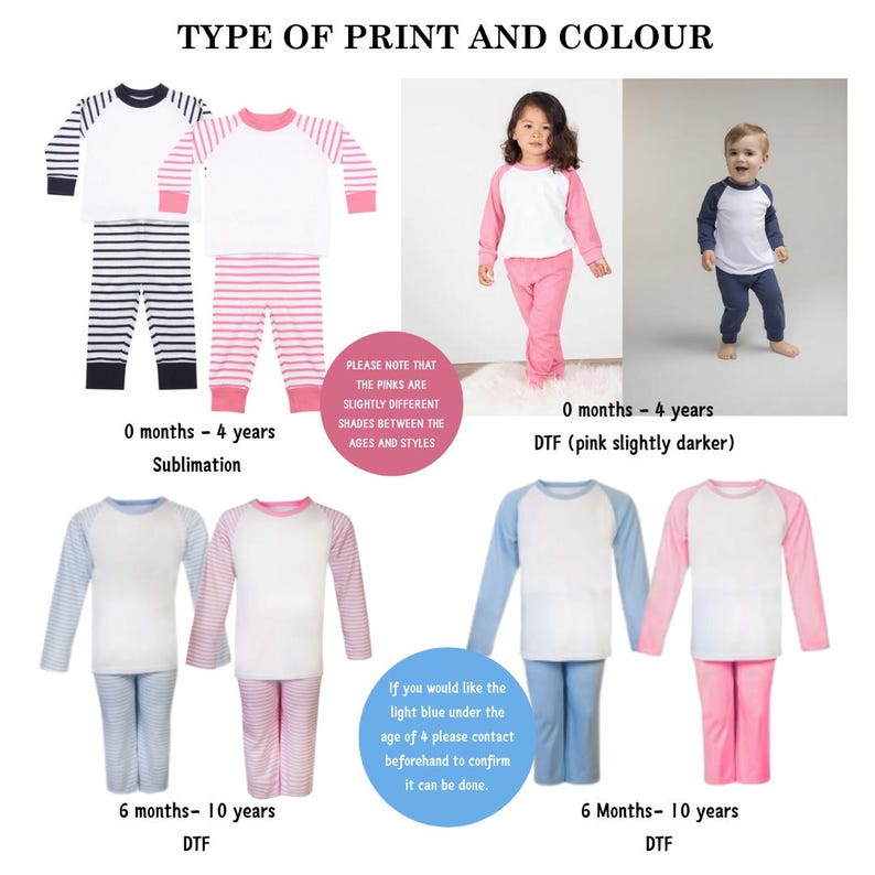 May include: Children's pajama sets in various colors and styles. The image shows sets with white tops and colored sleeves and pants. Available in pink, blue, and navy, with striped and solid options. Text on the image reads "TYPE OF PRINT AND COLOUR".
