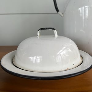 Vintage Enamel Butter Dish Farmhouse Kitchenware Antique Enamelware Shelf Accessory Rustic Kitchen Decor White with Black Trim Cottagecore